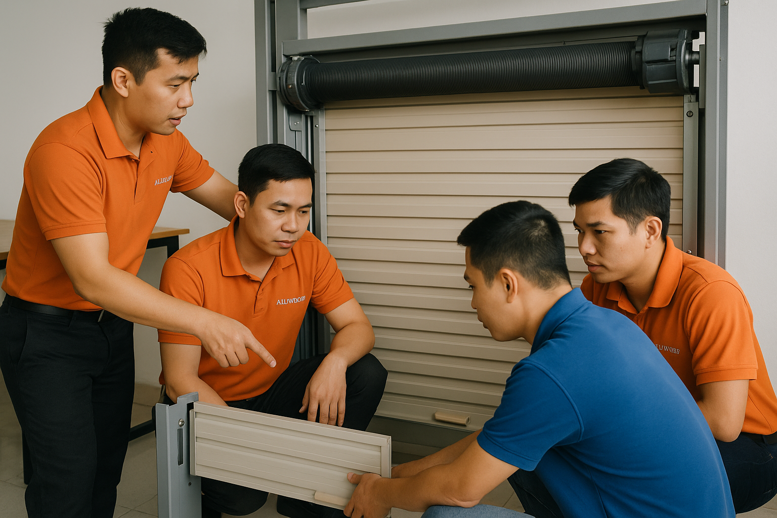 Công nhân tại nhà máy Alumdoor đảm bảo chất lượng cửa cuốn.