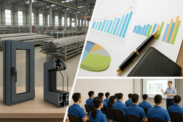 Hình ảnh tổng hợp về sản phẩm, nhà máy, giá cả, bảo hành, và đào tạo của Alumdoor.